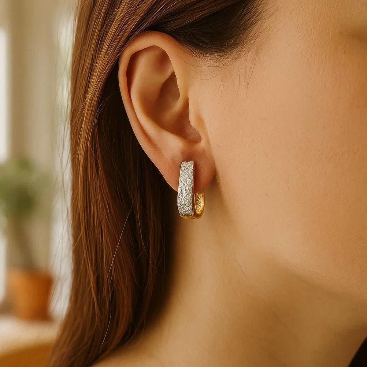 14k Two - Tone Gold Oval Diamond Cut Textured Earrings - LinkagejewelrydesignLinkagejewelrydesign