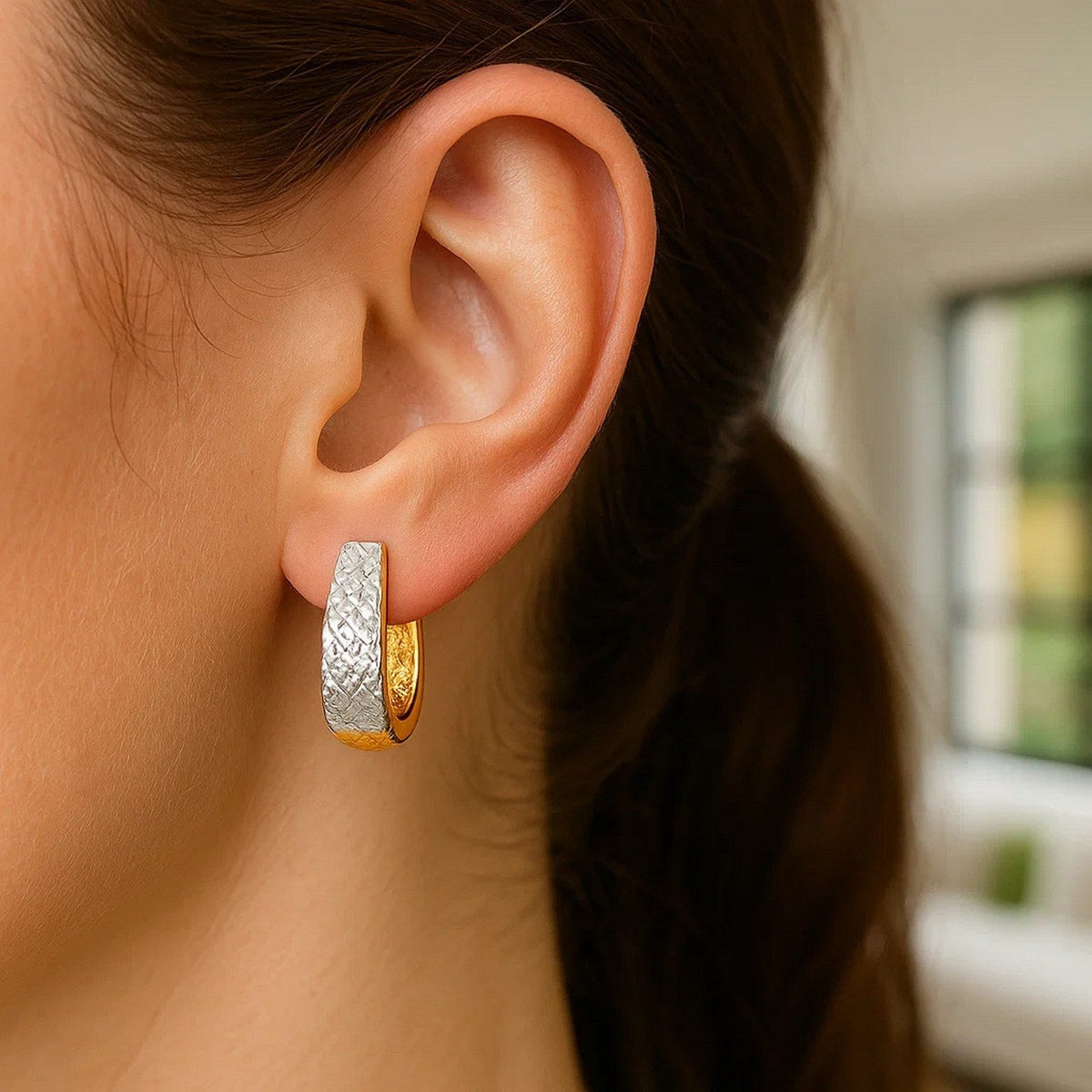 14k Two - Tone Gold Oval Diamond Cut Textured Earrings - LinkagejewelrydesignLinkagejewelrydesign