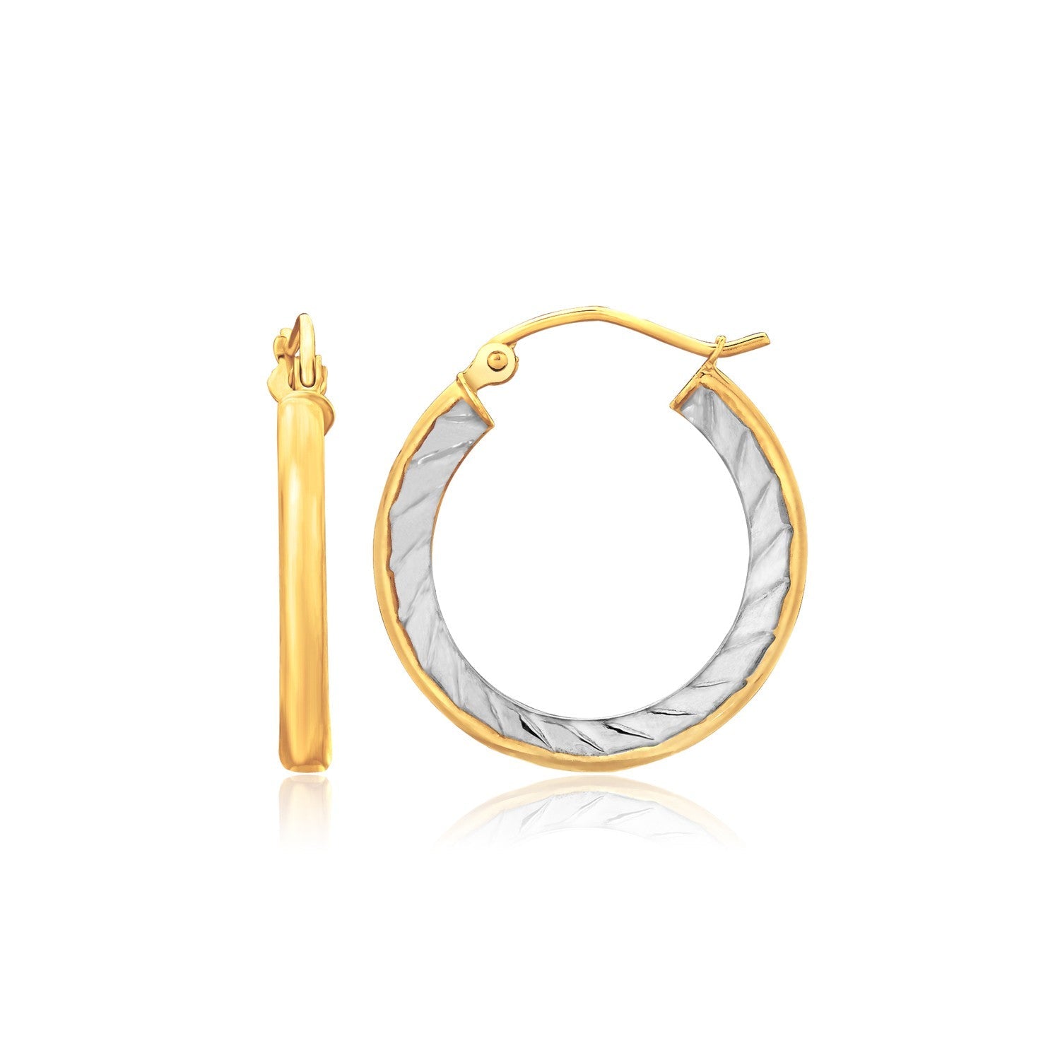 14K Two Tone Gold Polished and Textured Hoop Earrings (1 inch Diameter) - LinkagejewelrydesignLinkagejewelrydesign