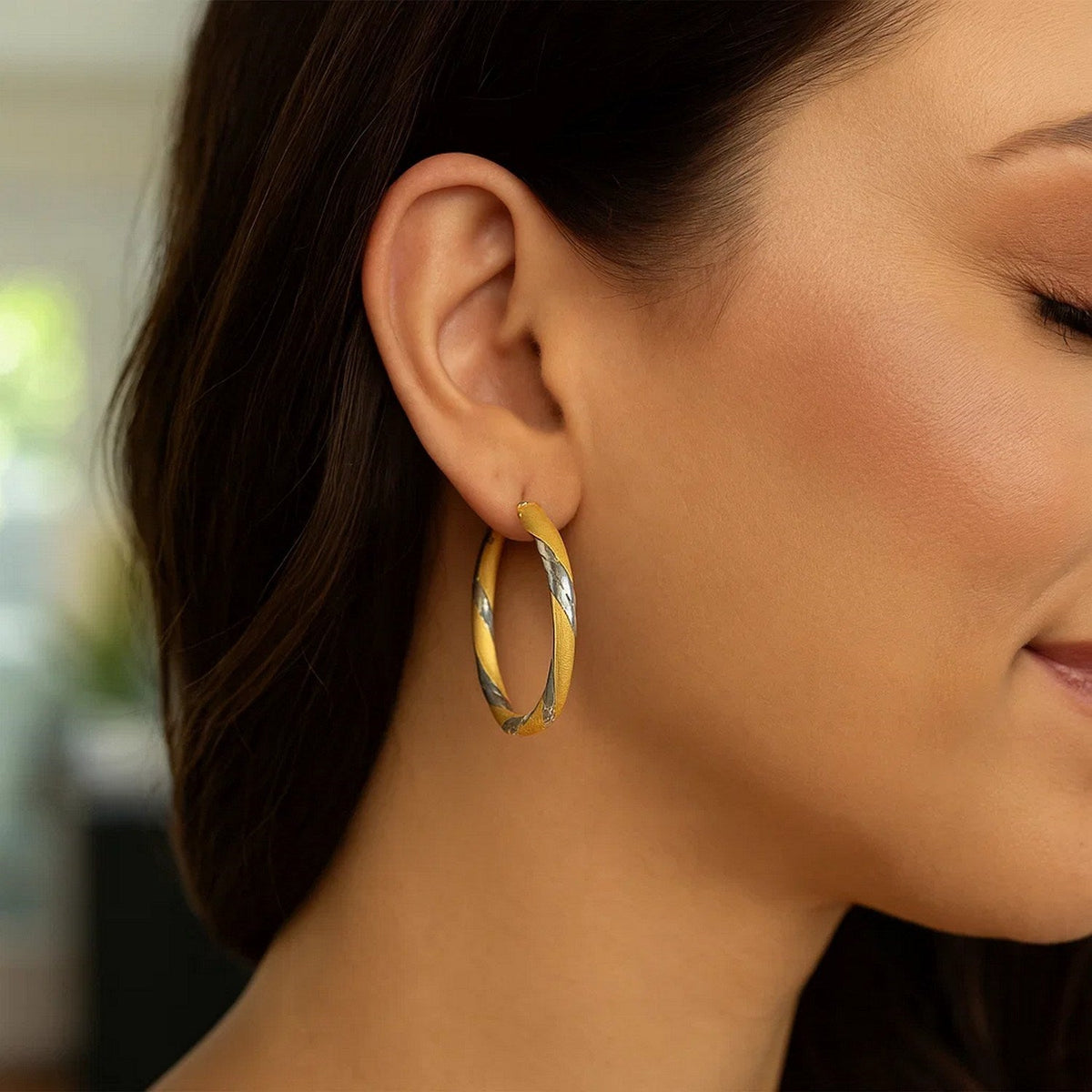 14k Two Tone Gold Polished Hoop Earrings (3x30mm) - LinkagejewelrydesignLinkagejewelrydesign