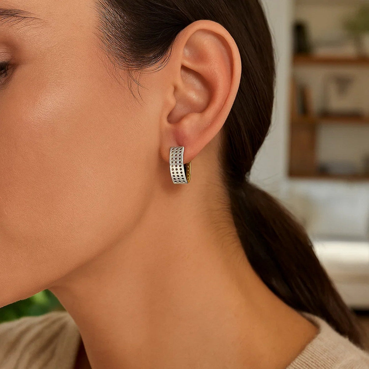 14k Two - Tone Gold Snuggable Earrings with a Mesh Style - LinkagejewelrydesignLinkagejewelrydesign