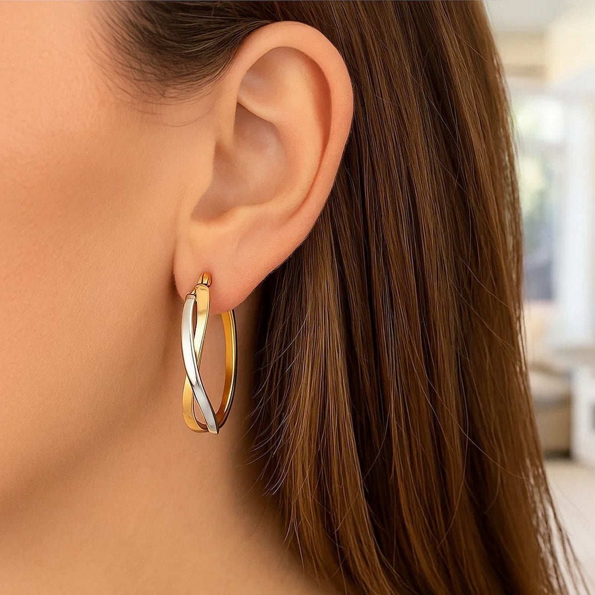 14k Two - Tone Gold Twisted Style Polished Hoop Earrings - LinkagejewelrydesignLinkagejewelrydesign