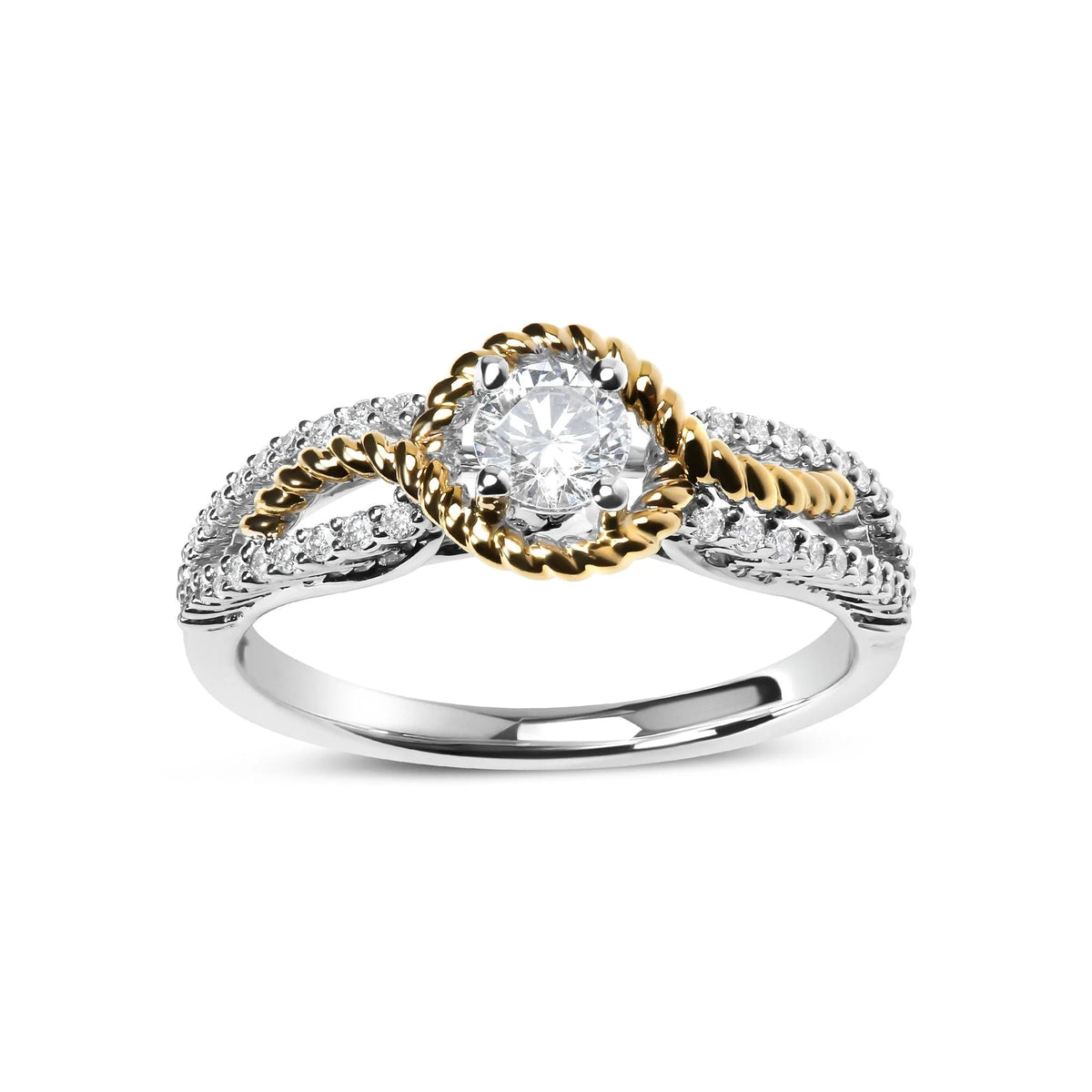 14K Two - Toned Gold Diamond 3/8 Cttw Diamond Split Shank and Beaded Halo Engagement Ring (G - H Color, VS2 - SI1 Clarity) - Size 7 - LinkagejewelrydesignLinkagejewelrydesign
