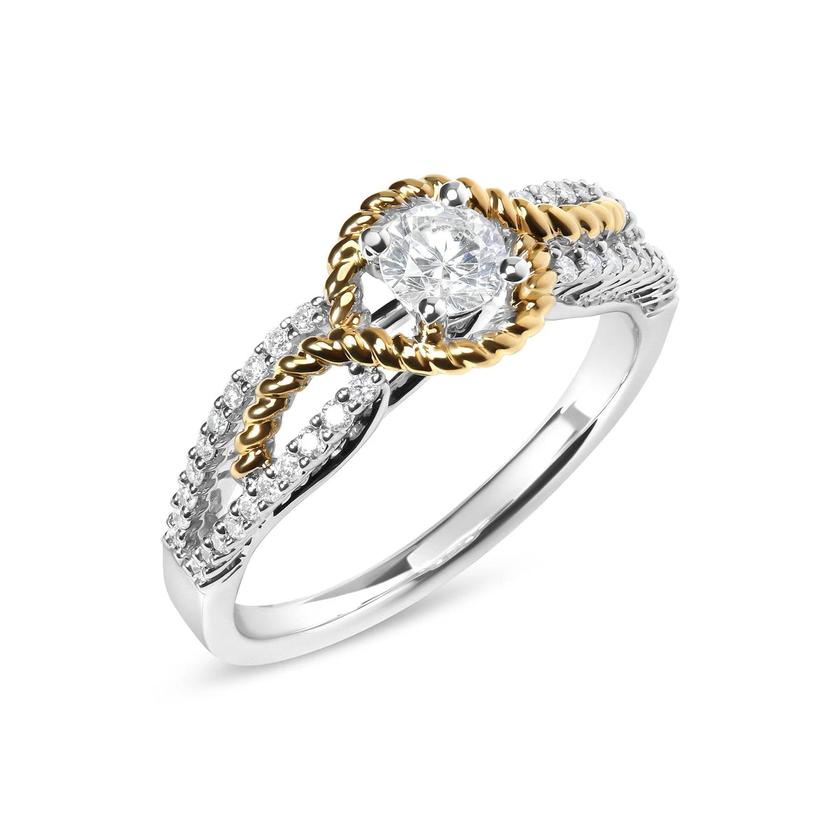14K Two - Toned Gold Diamond 3/8 Cttw Diamond Split Shank and Beaded Halo Engagement Ring (G - H Color, VS2 - SI1 Clarity) - Size 7 - LinkagejewelrydesignLinkagejewelrydesign