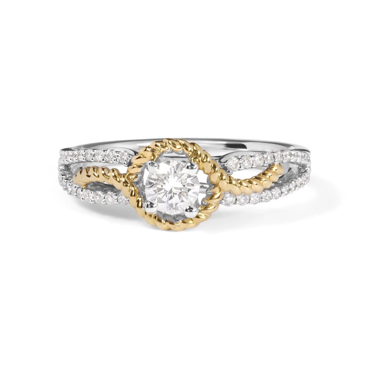 14K Two - Toned Gold Diamond 3/8 Cttw Diamond Split Shank and Beaded Halo Engagement Ring (G - H Color, VS2 - SI1 Clarity) - Size 7 - LinkagejewelrydesignLinkagejewelrydesign