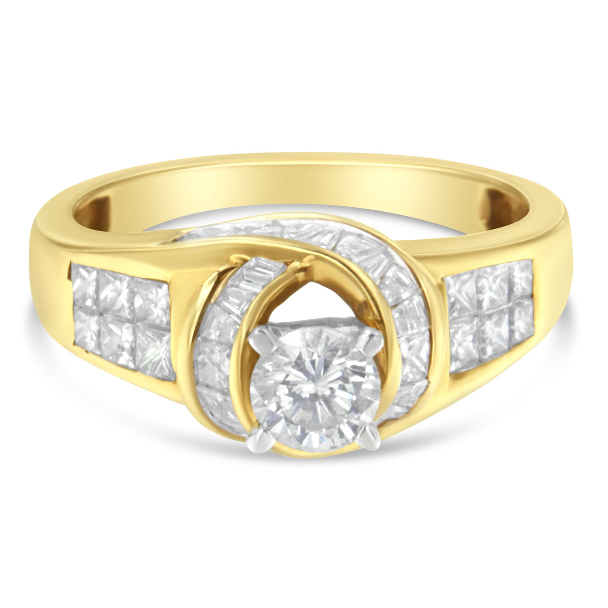 14K Two - Toned Gold Round, Baguette and Princess Cut Diamond Ring (1 1/8 Cttw, H - I Color, SI2 - I1 Clarity) - LinkagejewelrydesignLinkagejewelrydesign