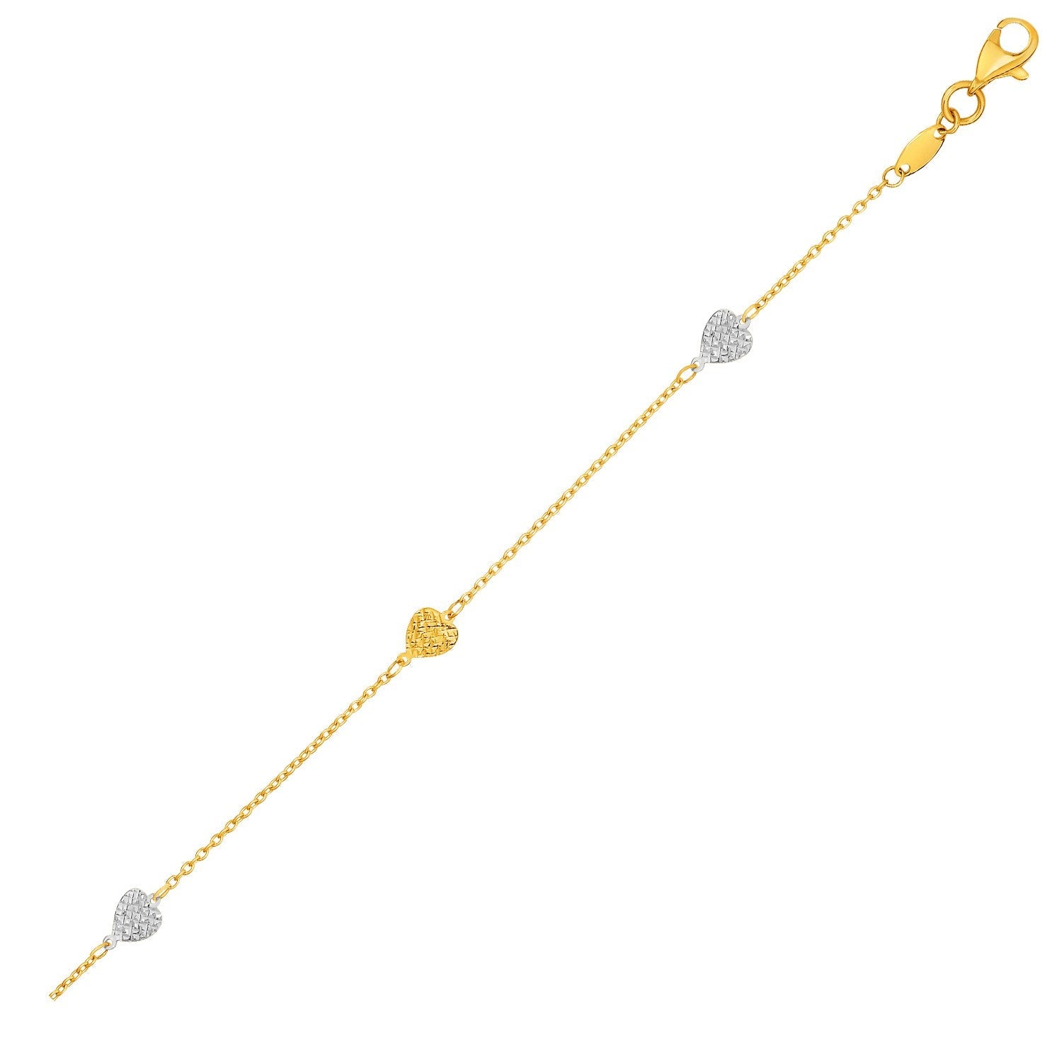 14k Two - Toned Yellow and White Gold Anklet with Textured Hearts - LinkagejewelrydesignLinkagejewelrydesign