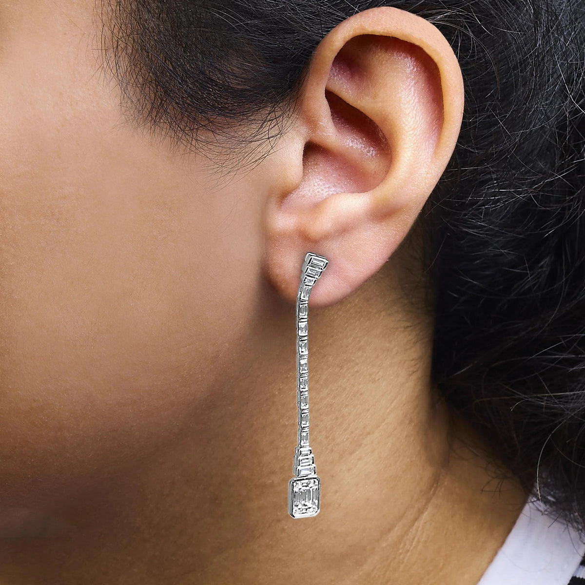 14K White Gold 1 1/2 Cttw Baguette Diamond Composite Mosaic 2" Inch Drop Earrings (E - F Color, VS1 - VS2 Clarity) - LinkagejewelrydesignLinkagejewelrydesign