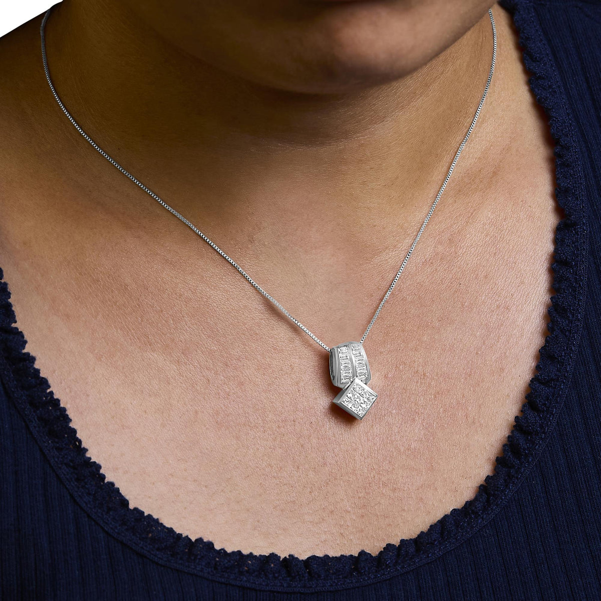 14K White Gold 1 1/2 Cttw Princess and Baguette Cut Diamond Multi - shape 18" Pendant Necklace (G - H Color, VS1 - VS2 Clarity) - LinkagejewelrydesignLinkagejewelrydesign