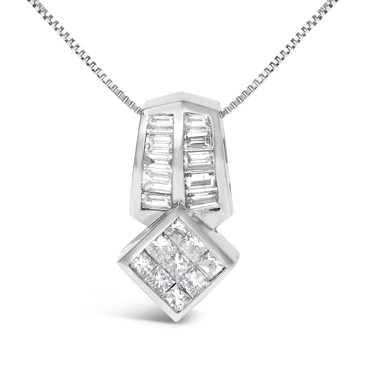 14K White Gold 1 1/2 Cttw Princess and Baguette Cut Diamond Multi - shape 18" Pendant Necklace (G - H Color, VS1 - VS2 Clarity) - LinkagejewelrydesignLinkagejewelrydesign