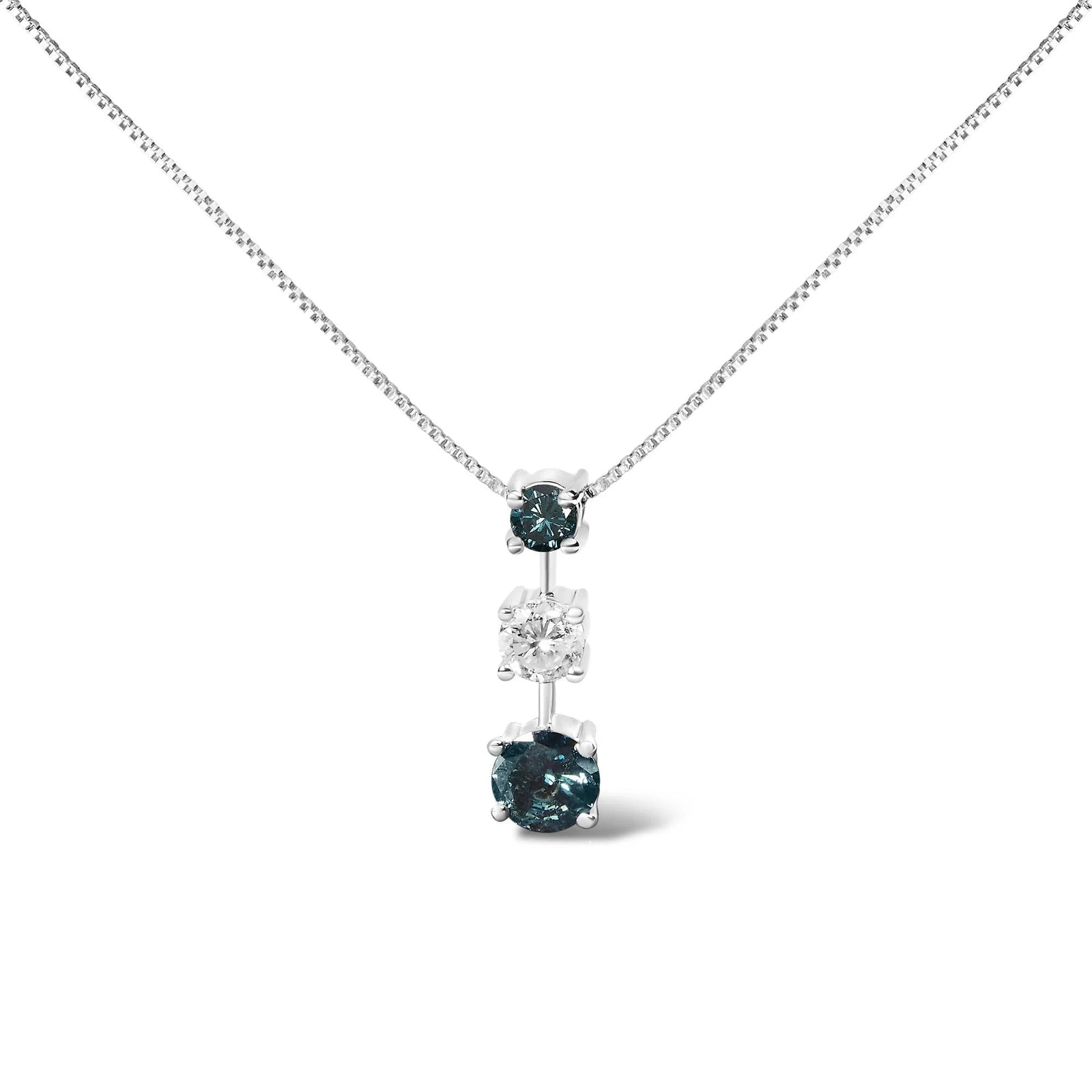 14K White Gold 1 1/2 Cttw Treated Blue and White Diamond 3 - Stone 18" Pendant Necklace (Blue/H - I Color, I1 - I2 Clarity) - LinkagejewelrydesignLinkagejewelrydesign