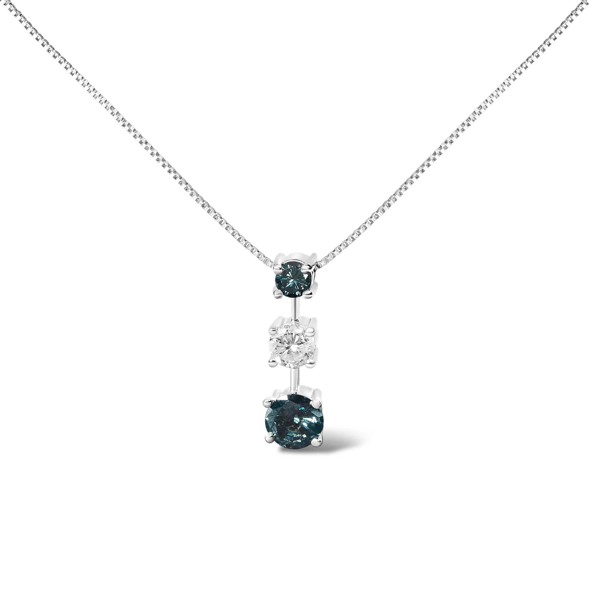 14K White Gold 1 1/2 Cttw Treated Blue and White Diamond 3 - Stone 18" Pendant Necklace (Blue/H - I Color, I1 - I2 Clarity) - LinkagejewelrydesignLinkagejewelrydesign