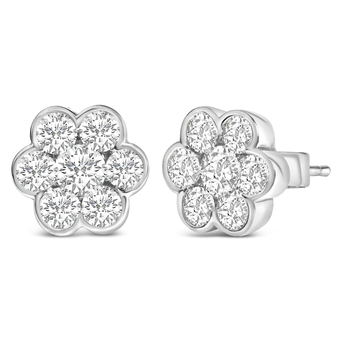 14K White Gold 1 1/3 Cttw Diamond Bezel Style 7 Stone Floral Cluster Stud Earrings (H - I Color, VS2 - SI1 Clarity) - LinkagejewelrydesignLinkagejewelrydesign