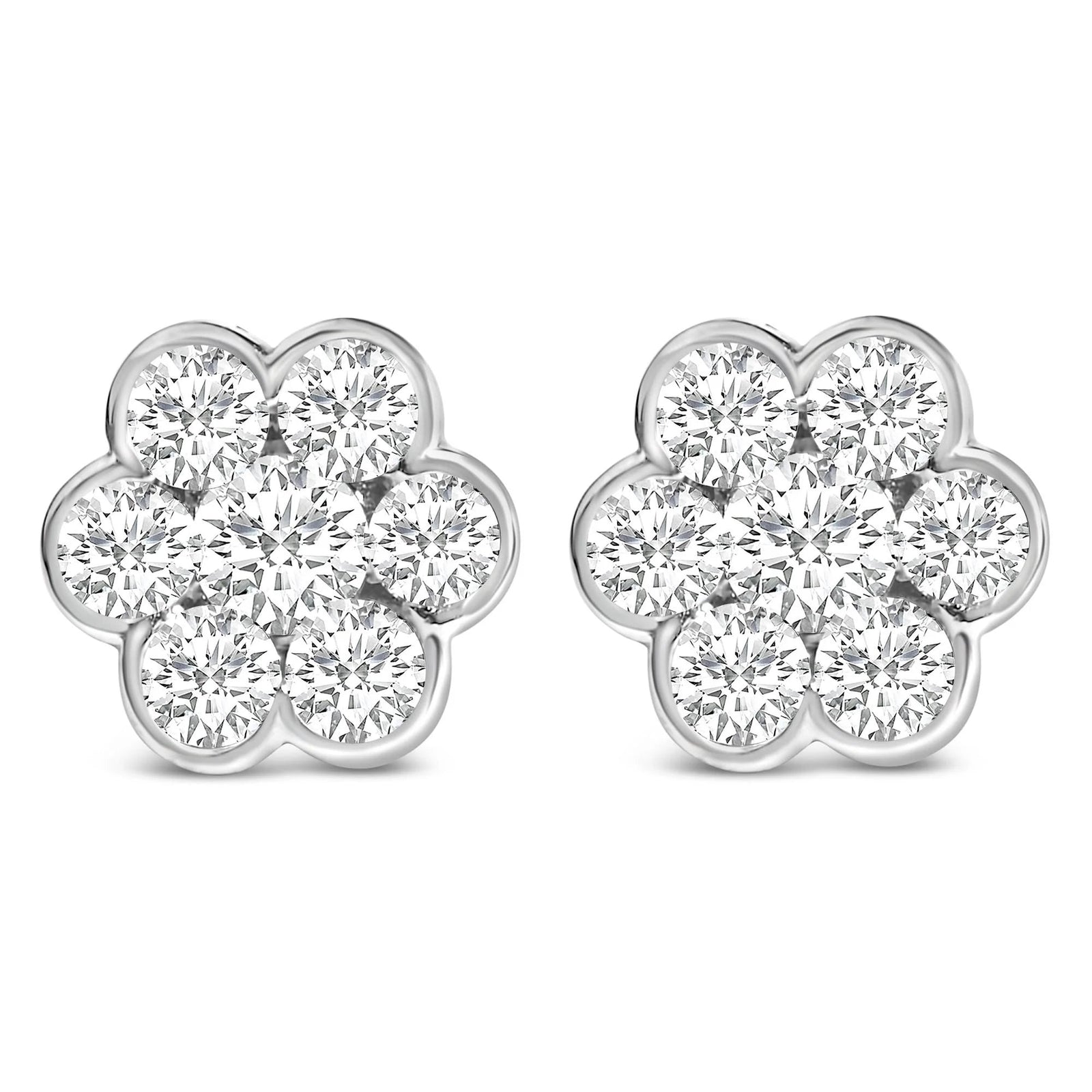 14K White Gold 1 1/3 Cttw Diamond Bezel Style 7 Stone Floral Cluster Stud Earrings (H - I Color, VS2 - SI1 Clarity) - LinkagejewelrydesignLinkagejewelrydesign