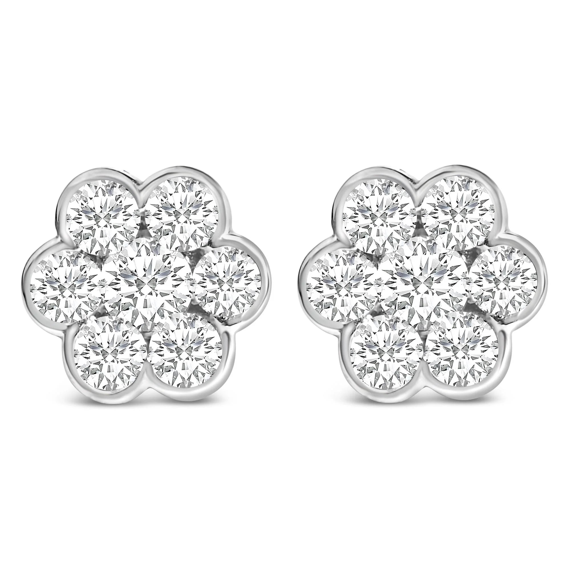 14K White Gold 1 1/3 Cttw Diamond Bezel Style 7 Stone Floral Cluster Stud Earrings (H - I Color, VS2 - SI1 Clarity) - LinkagejewelrydesignLinkagejewelrydesign