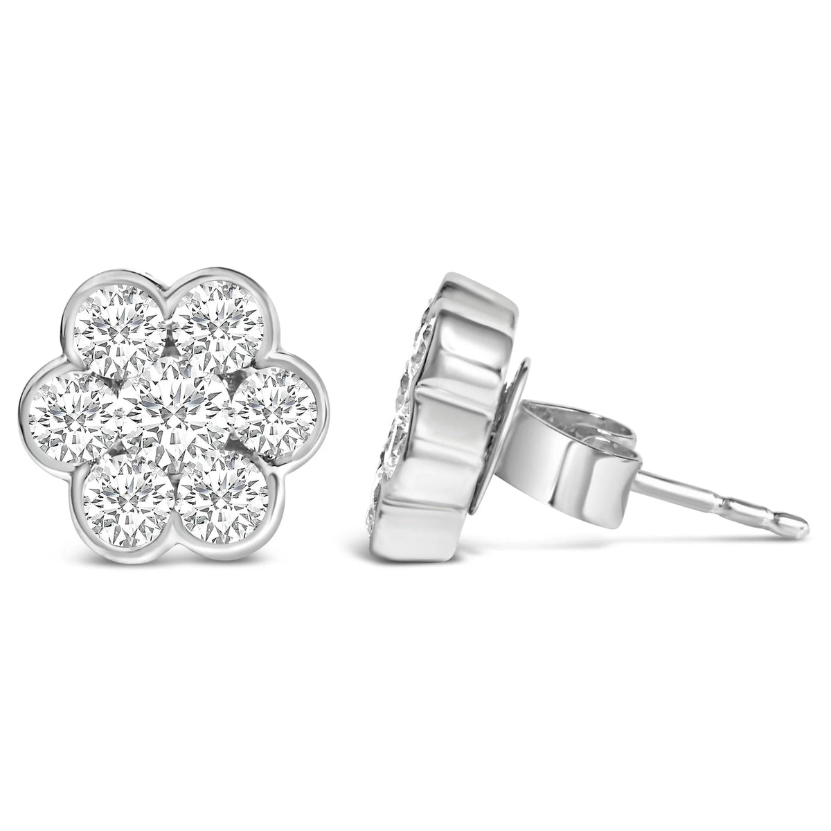 14K White Gold 1 1/3 Cttw Diamond Bezel Style 7 Stone Floral Cluster Stud Earrings (H - I Color, VS2 - SI1 Clarity) - LinkagejewelrydesignLinkagejewelrydesign
