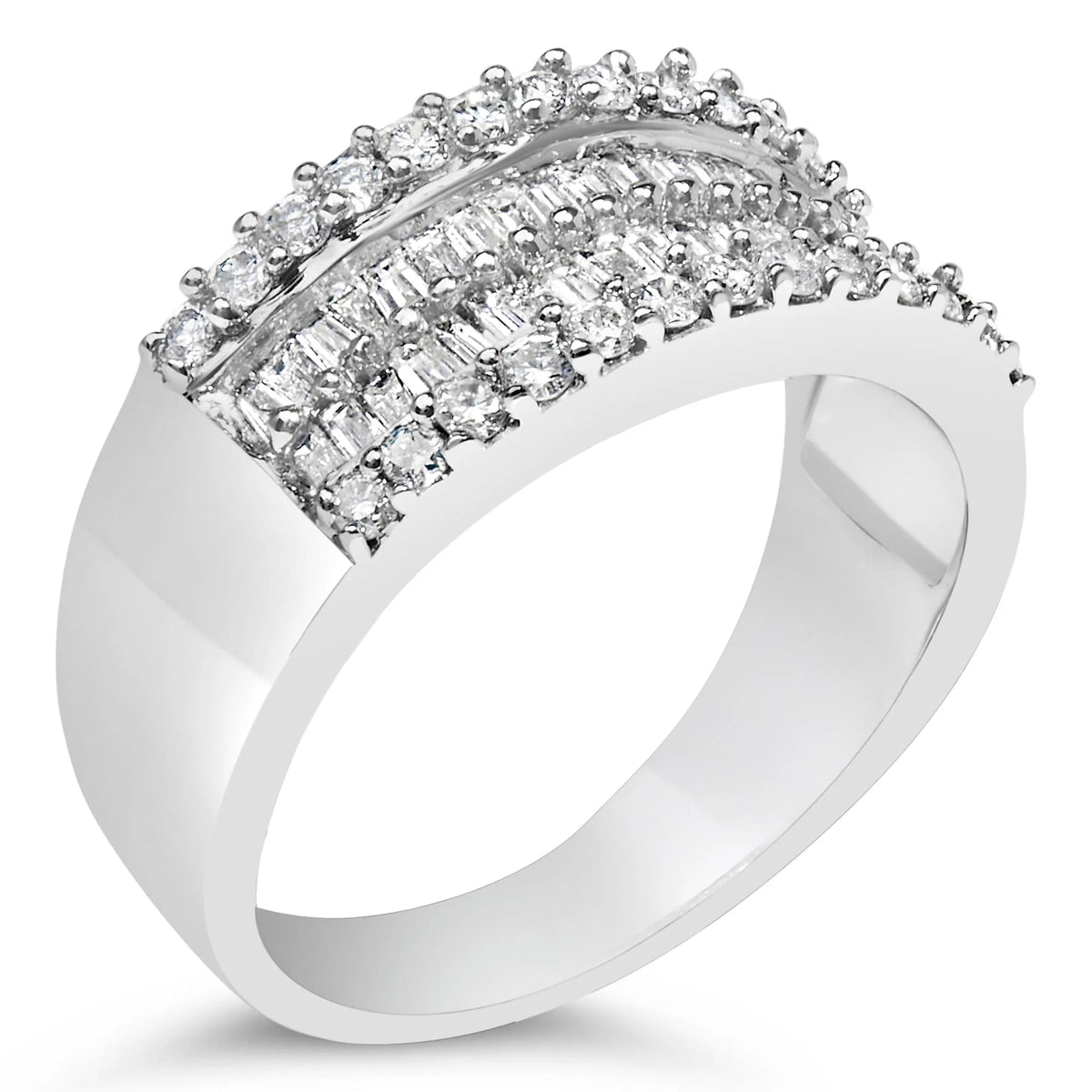 14K White Gold 1.0 Cttw 4 Row Round Baguette Diamond Band Ring (H - I Color, SI1 - SI2 Clarity) - Ring Size 7 - LinkagejewelrydesignLinkagejewelrydesign