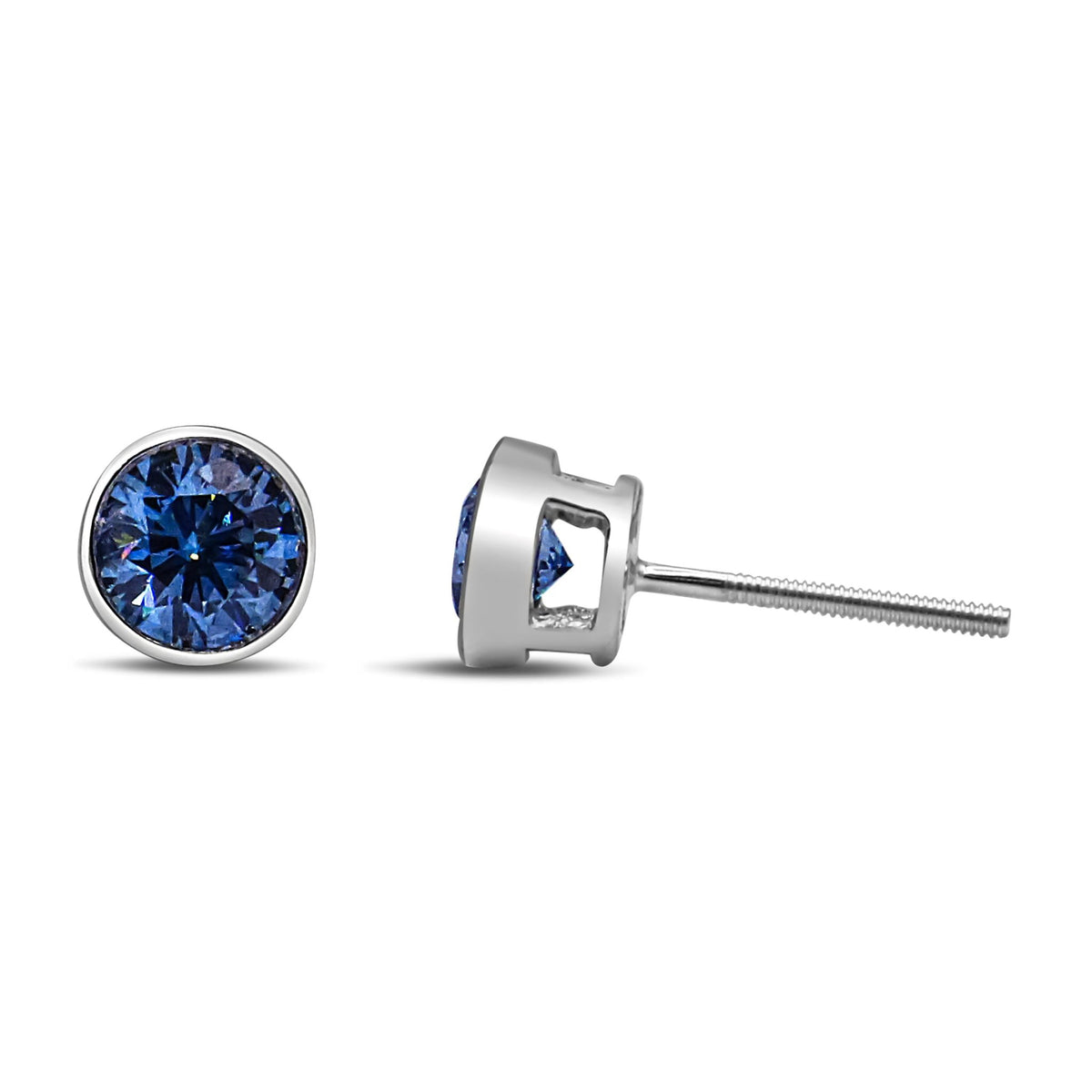 14K White Gold 1.0 Cttw Blue Lab Grown Diamond Screw - Back Classic Bezel Solitaire Stud Earrings (Blue Color, VS2 - SI1 Clarity) - LinkagejewelrydesignLinkagejewelrydesign