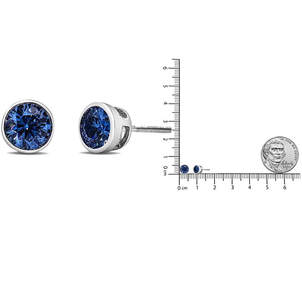 14K White Gold 1.0 Cttw Blue Lab Grown Diamond Screw - Back Classic Bezel Solitaire Stud Earrings (Blue Color, VS2 - SI1 Clarity) - LinkagejewelrydesignLinkagejewelrydesign