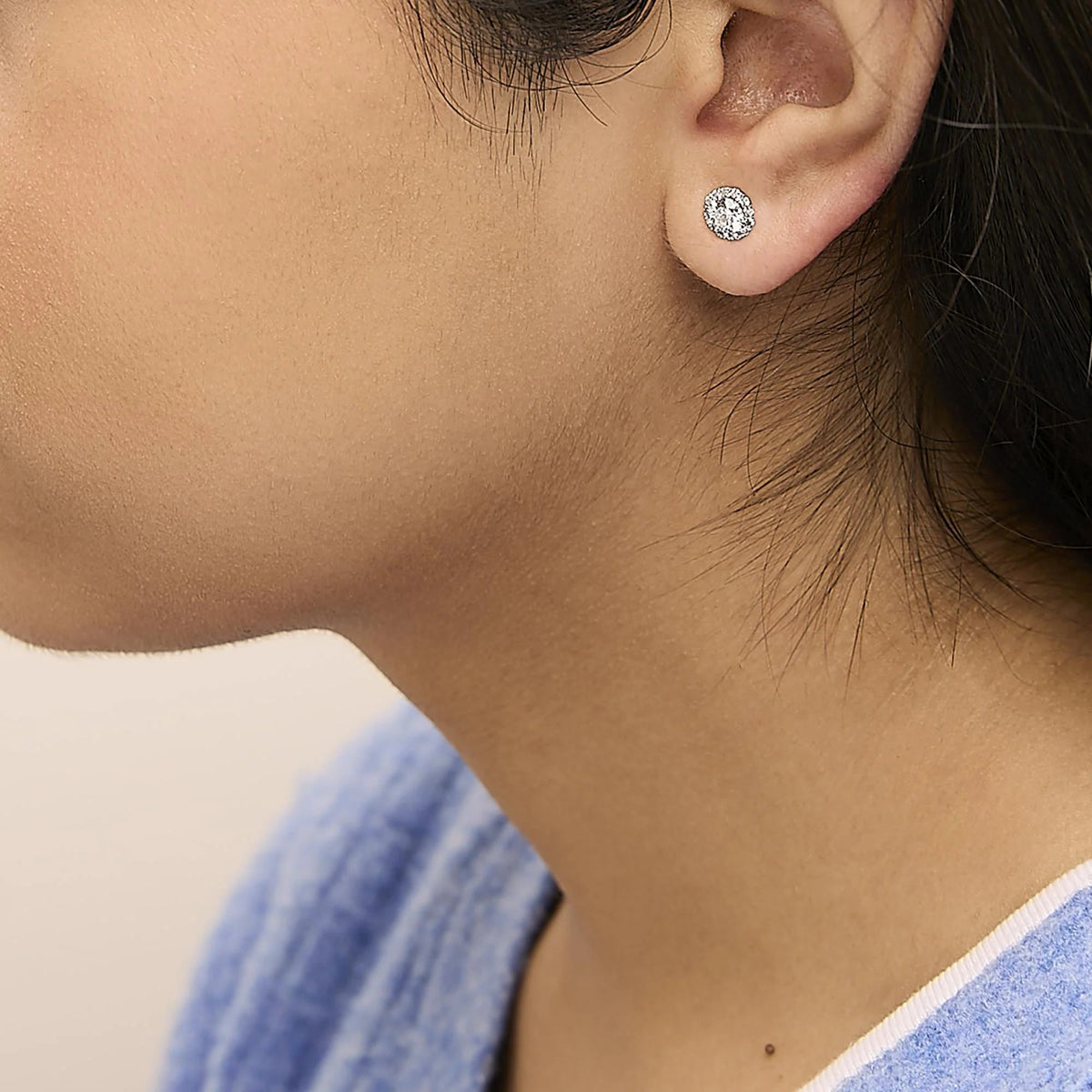 14K White Gold 1.0 Cttw Lab - Grown Diamond Halo Stud Earring (F - G Color, VS1 - VS2 Clarity) - LinkagejewelrydesignLinkagejewelrydesign