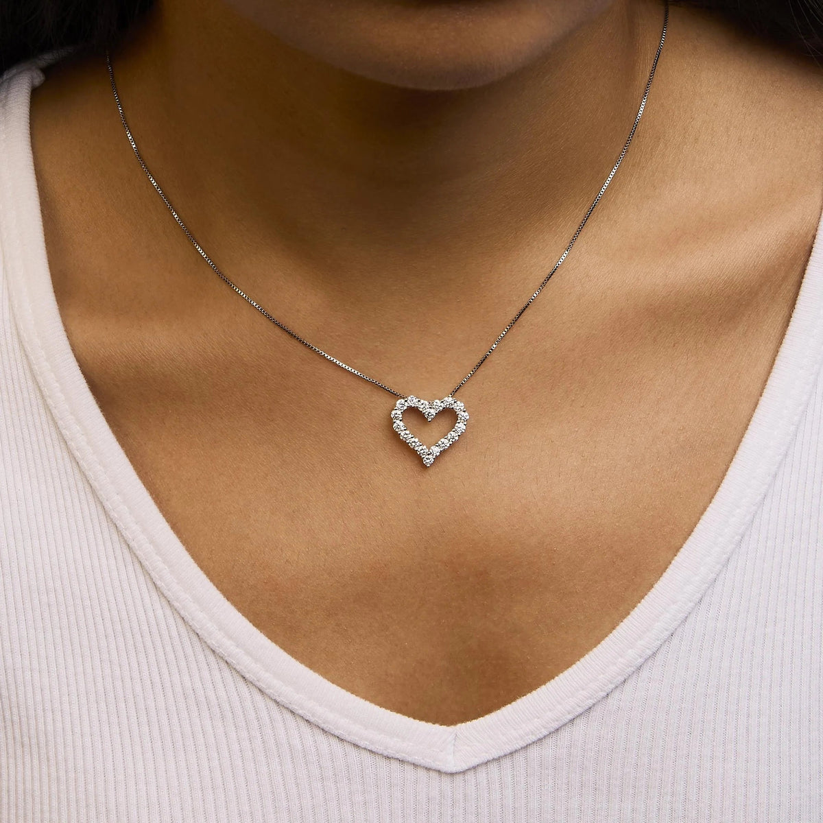 14K White Gold 1.0 Cttw Lab Grown Diamond Open Heart 18" Pendant Necklace (F - G Color, VS1 - VS2 Clarity) - LinkagejewelrydesignLinkagejewelrydesign