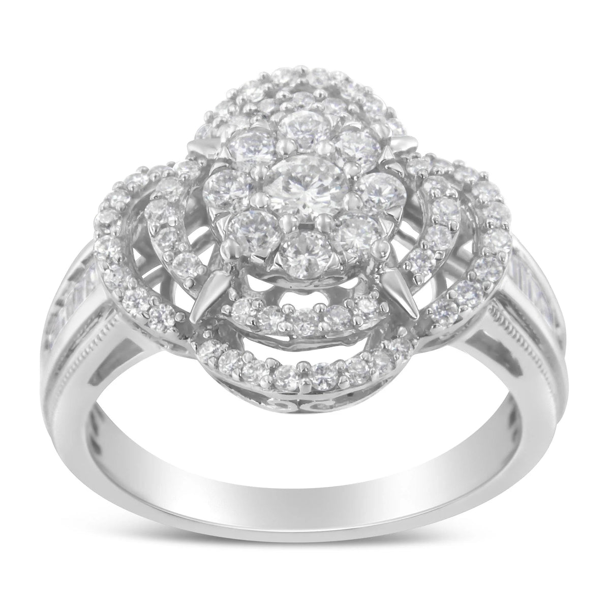 14K White Gold 1.0 Cttw Round & Baguette Cut Diamond Floral Cluster Quatrefoil Channel Set Band Cocktail Statement Ring (H - I Color, SI2 - I1 Clarity) - LinkagejewelrydesignLinkagejewelrydesign