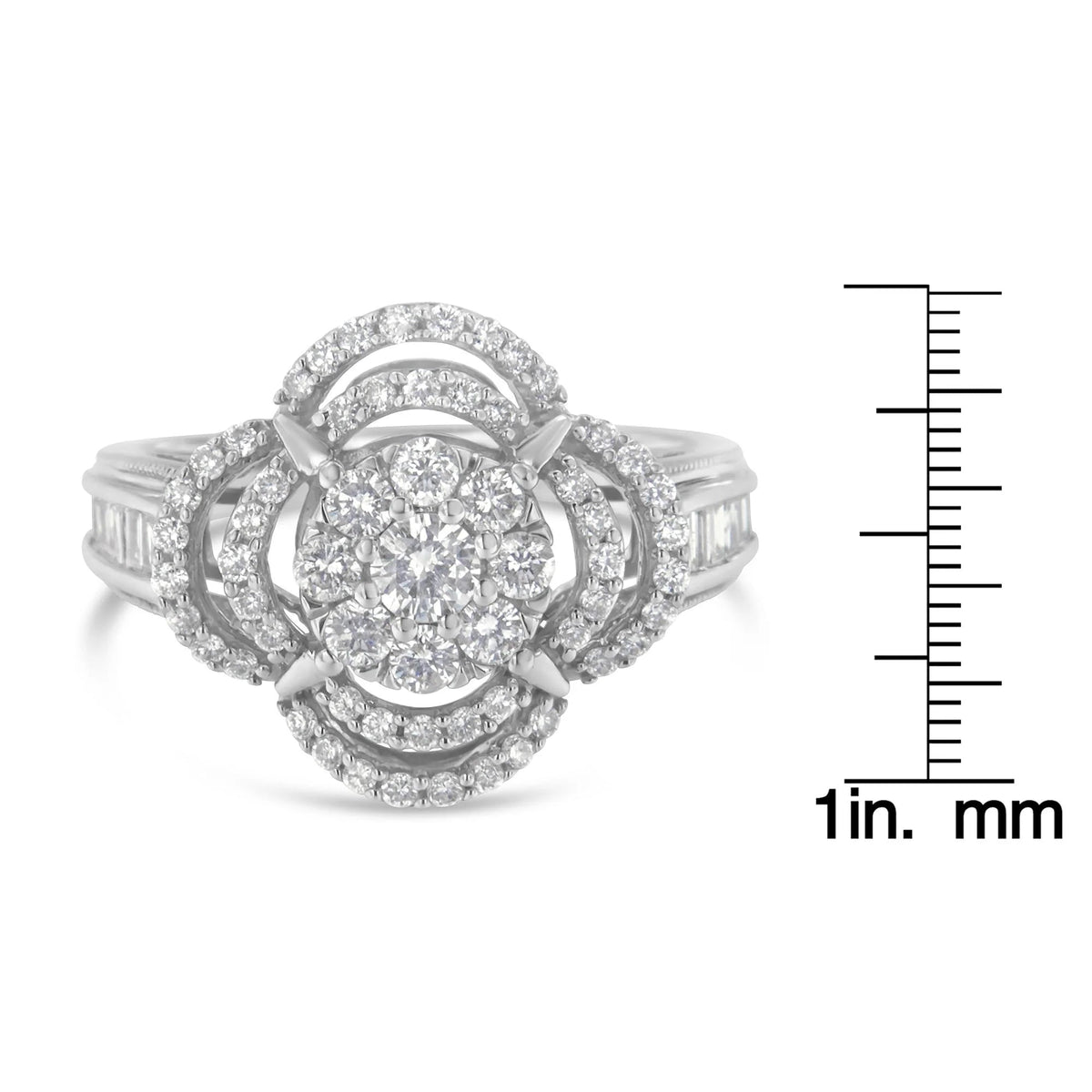 14K White Gold 1.0 Cttw Round & Baguette Cut Diamond Floral Cluster Quatrefoil Channel Set Band Cocktail Statement Ring (H - I Color, SI2 - I1 Clarity) - LinkagejewelrydesignLinkagejewelrydesign