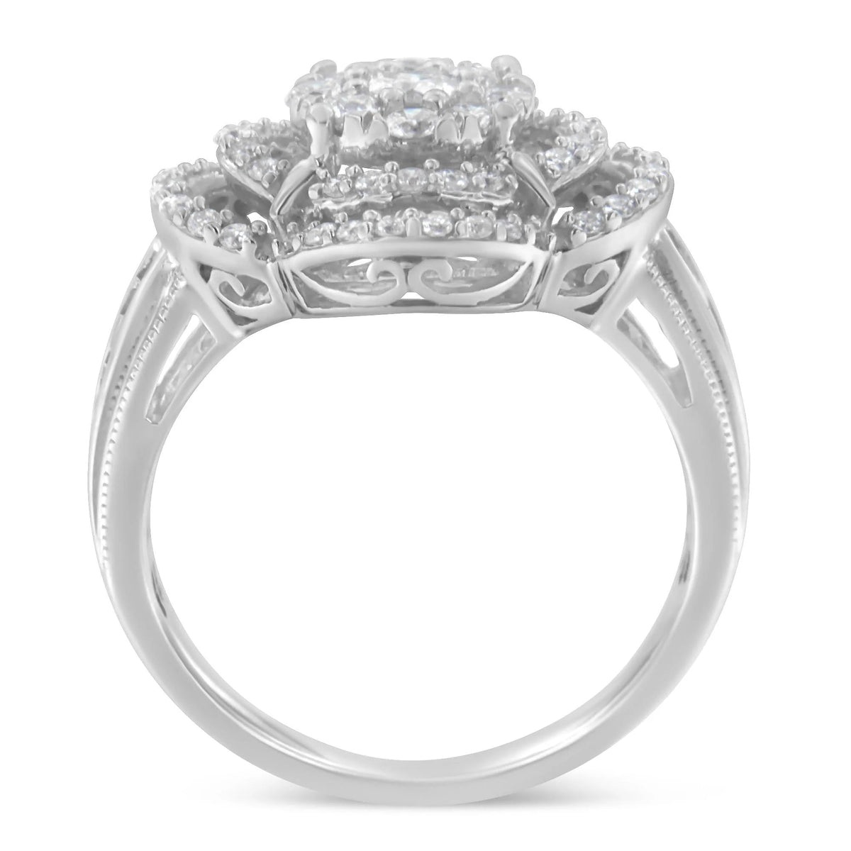 14K White Gold 1.0 Cttw Round & Baguette Cut Diamond Floral Cluster Quatrefoil Channel Set Band Cocktail Statement Ring (H - I Color, SI2 - I1 Clarity) - LinkagejewelrydesignLinkagejewelrydesign
