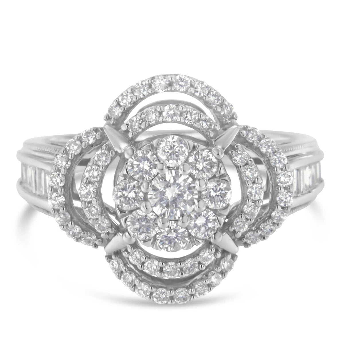 14K White Gold 1.0 Cttw Round & Baguette Cut Diamond Floral Cluster Quatrefoil Channel Set Band Cocktail Statement Ring (H - I Color, SI2 - I1 Clarity) - LinkagejewelrydesignLinkagejewelrydesign