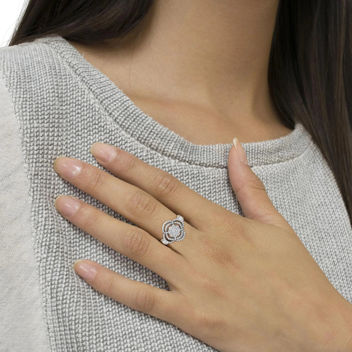 14K White Gold 1.0 Cttw Round & Baguette Cut Diamond Floral Cluster Quatrefoil Channel Set Band Cocktail Statement Ring (H - I Color, SI2 - I1 Clarity) - LinkagejewelrydesignLinkagejewelrydesign