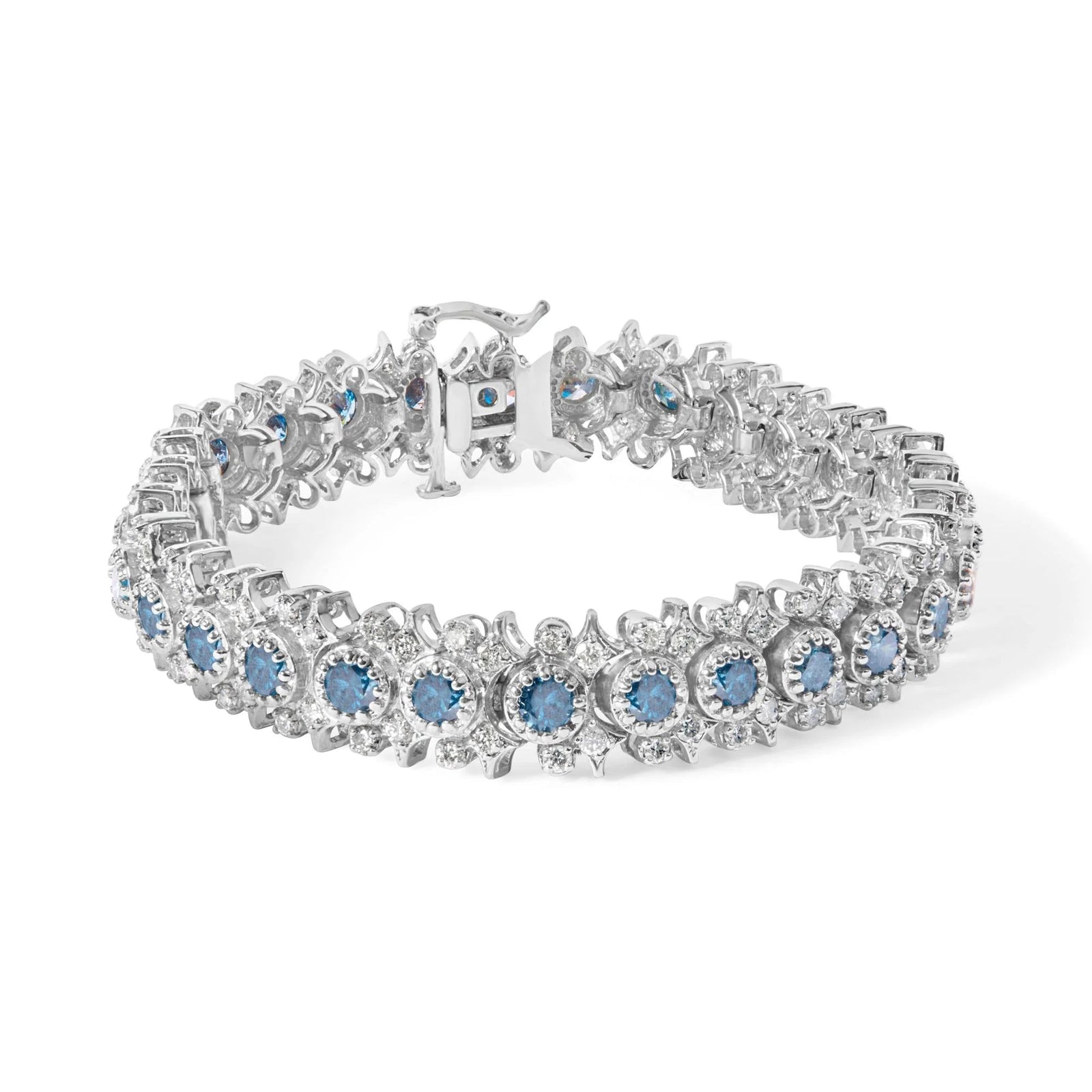 14K White Gold 10.0 Cttw Blue and White Diamond Vintage - Inspired Floral Cluster Link 7" Bracelet (H - I Color, SI2 - I1 - LinkagejewelrydesignLinkagejewelrydesign