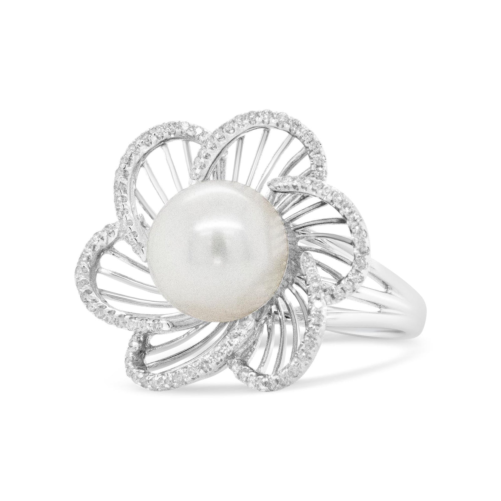 14K White Gold 11mm Round Pearl and 1/3 Cttw Round Diamond Openwork Flower Blossom Ring (H - I Color, VS1 - VS2 Clarity) - LinkagejewelrydesignLinkagejewelrydesign