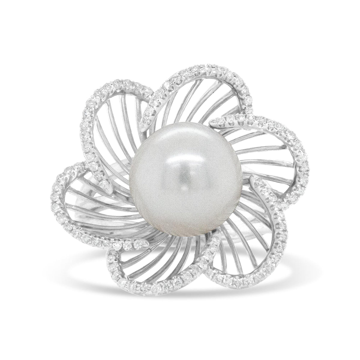 14K White Gold 11mm Round Pearl and 1/3 Cttw Round Diamond Openwork Flower Blossom Ring (H - I Color, VS1 - VS2 Clarity) - LinkagejewelrydesignLinkagejewelrydesign