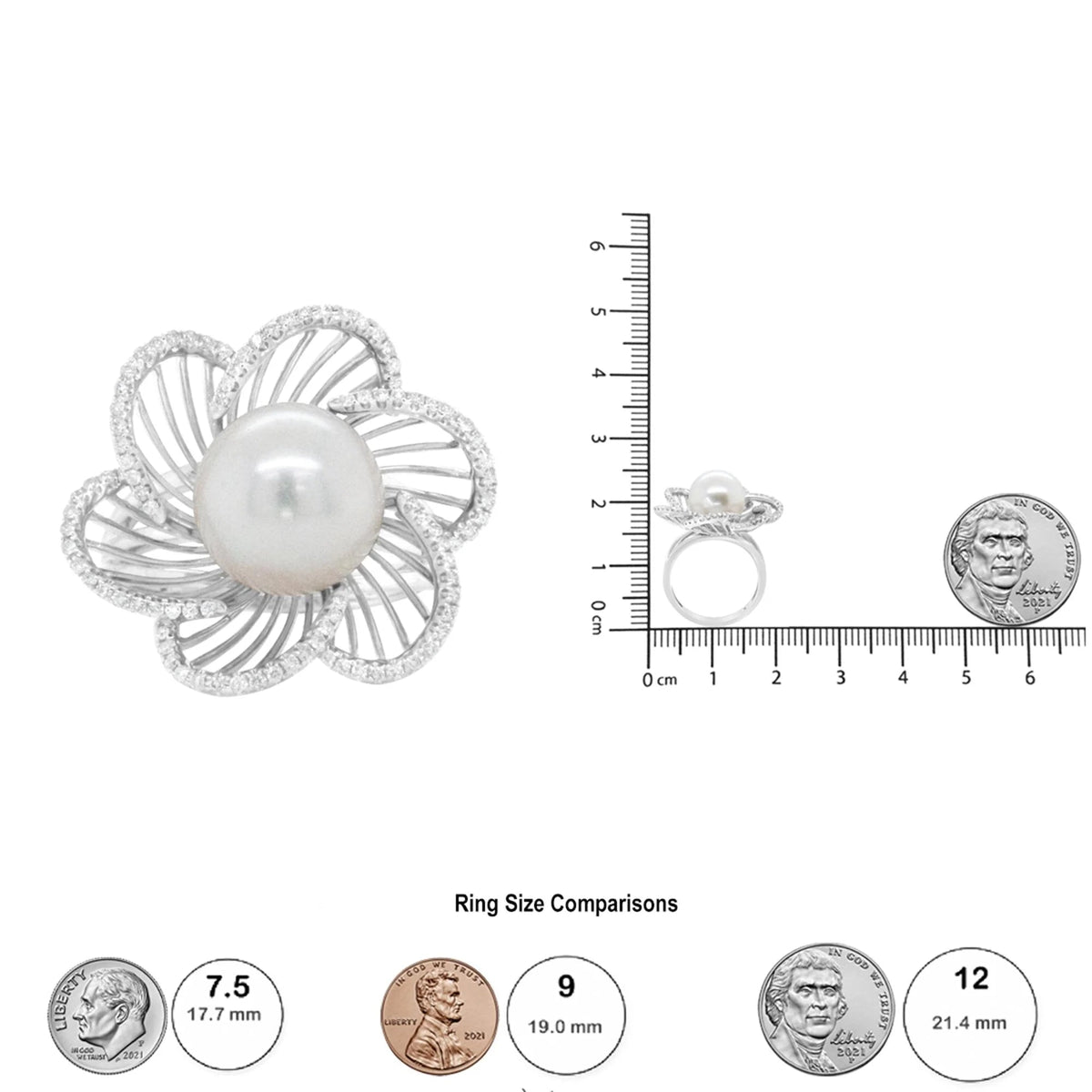 14K White Gold 11mm Round Pearl and 1/3 Cttw Round Diamond Openwork Flower Blossom Ring (H - I Color, VS1 - VS2 Clarity) - LinkagejewelrydesignLinkagejewelrydesign