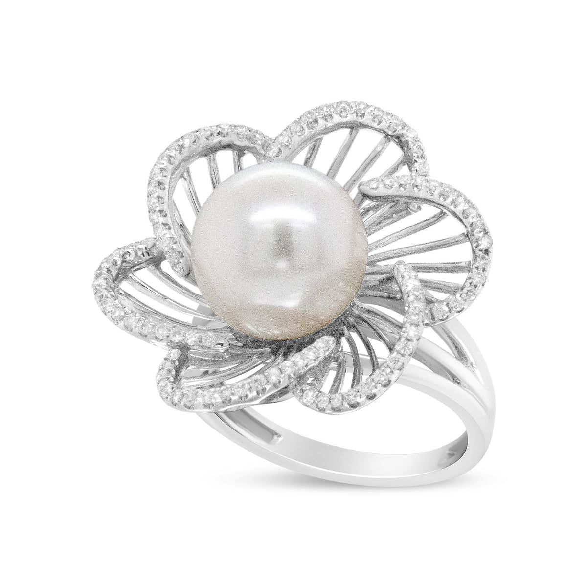 14K White Gold 11mm Round Pearl and 1/3 Cttw Round Diamond Openwork Flower Blossom Ring (H - I Color, VS1 - VS2 Clarity) - LinkagejewelrydesignLinkagejewelrydesign