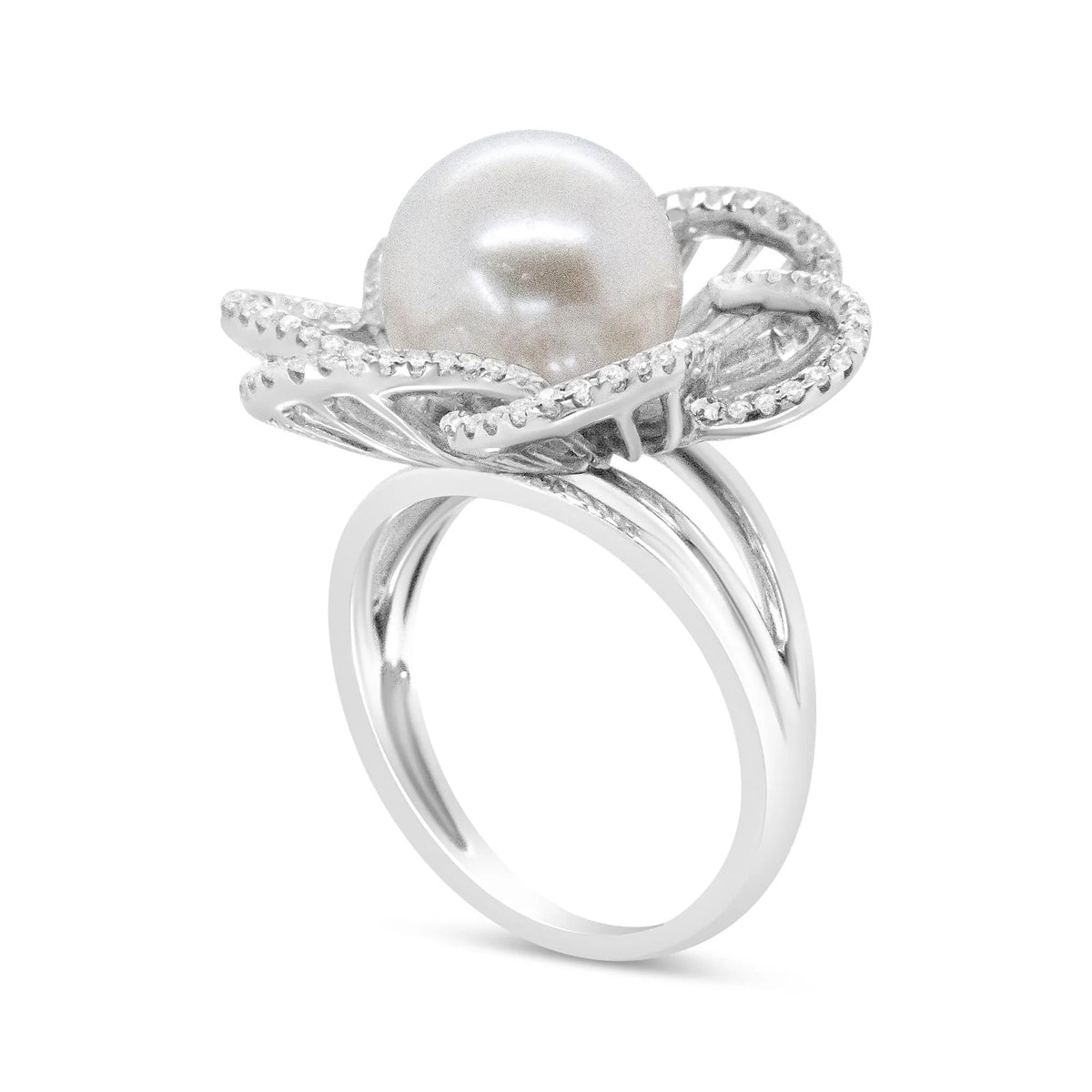 14K White Gold 11mm Round Pearl and 1/3 Cttw Round Diamond Openwork Flower Blossom Ring (H - I Color, VS1 - VS2 Clarity) - LinkagejewelrydesignLinkagejewelrydesign
