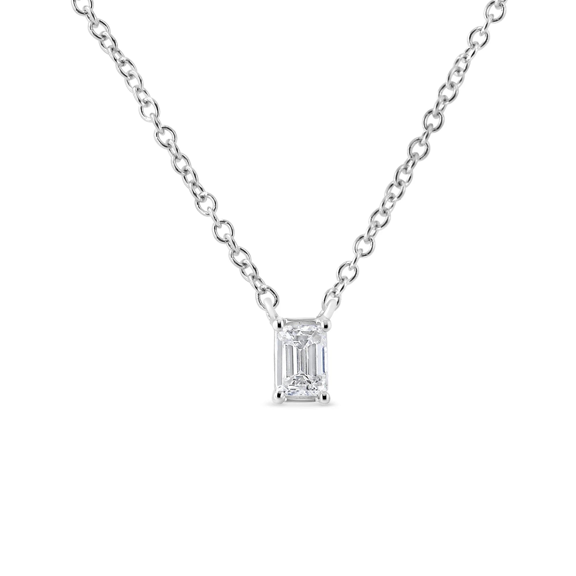 14K White Gold 1/3 Cttw Emerald Shape Solitaire Diamond 18" Pendant Necklace (G - H Color, VS2 - SI1 Clarity) - LinkagejewelrydesignLinkagejewelrydesign