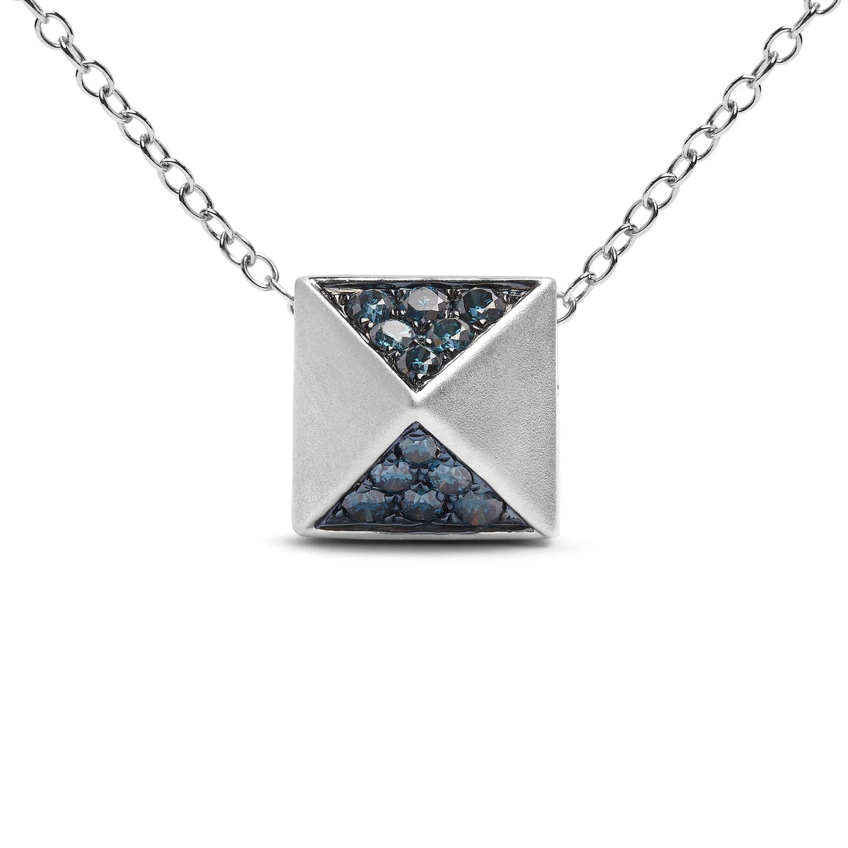 14K White Gold 1/4 Cttw Treated Blue Diamond Matte Finished Pyramid Pendant Necklace (Blue Color, SI1 - SI2 Clarity) - 18" Inches - LinkagejewelrydesignLinkagejewelrydesign