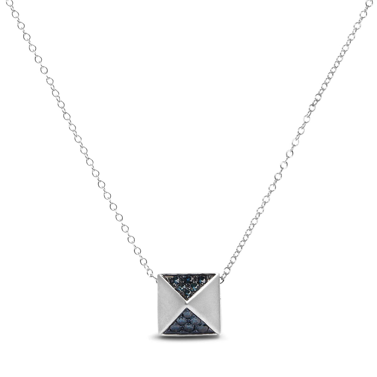 14K White Gold 1/4 Cttw Treated Blue Diamond Matte Finished Pyramid Pendant Necklace (Blue Color, SI1 - SI2 Clarity) - 18" Inches - LinkagejewelrydesignLinkagejewelrydesign
