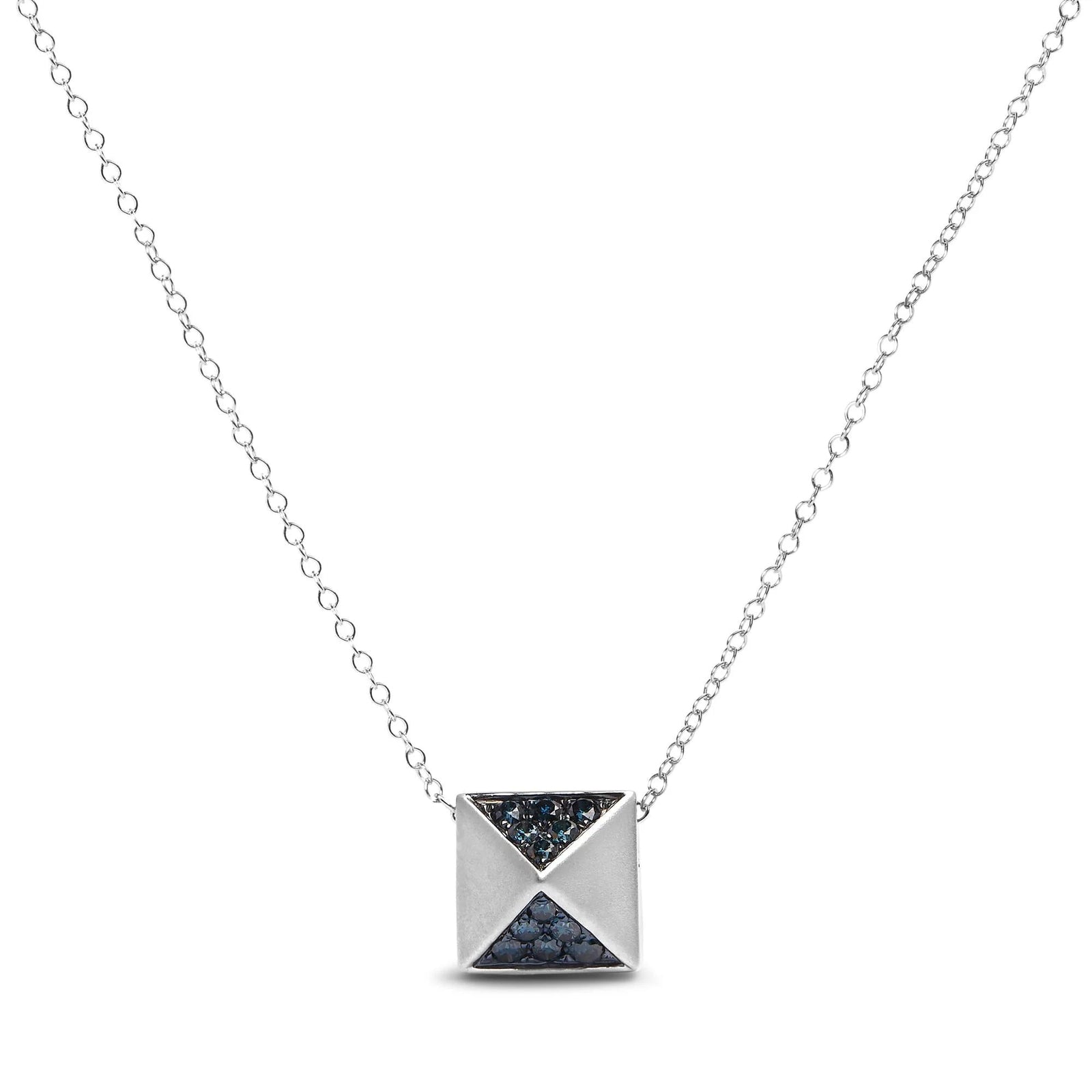 14K White Gold 1/4 Cttw Treated Blue Diamond Matte Finished Pyramid Pendant Necklace (Blue Color, SI1 - SI2 Clarity) - 18" Inches - LinkagejewelrydesignLinkagejewelrydesign