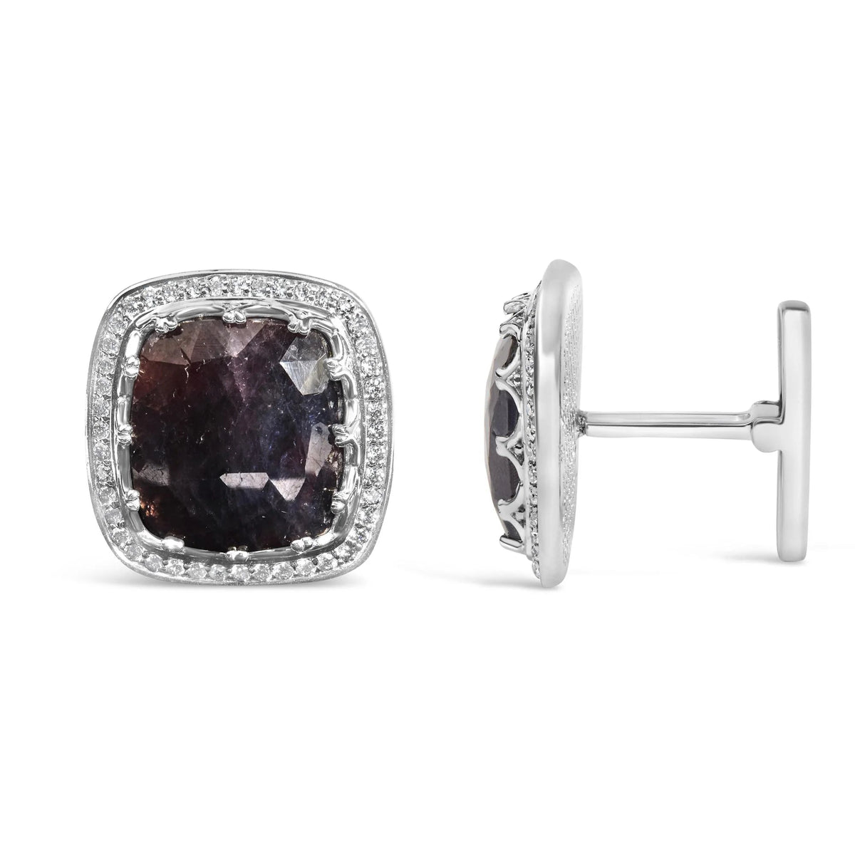 14K White Gold 15x15 Dark Purple Sapphire and 4/5 Cttw Diamond Halo Cufflinks (F - G Color, VS1 - VS2 Clarity) - LinkagejewelrydesignLinkagejewelrydesign