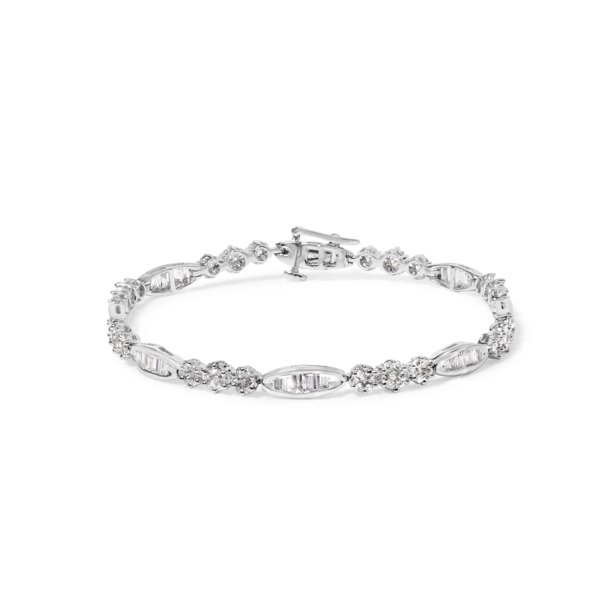 14k White Gold 2 1/2 Cttw Diamond Alternating Floral Cluster and Oval Link 7" Bracelet (G - H Color, SI2 - I1 Clarity) - LinkagejewelrydesignLinkagejewelrydesign