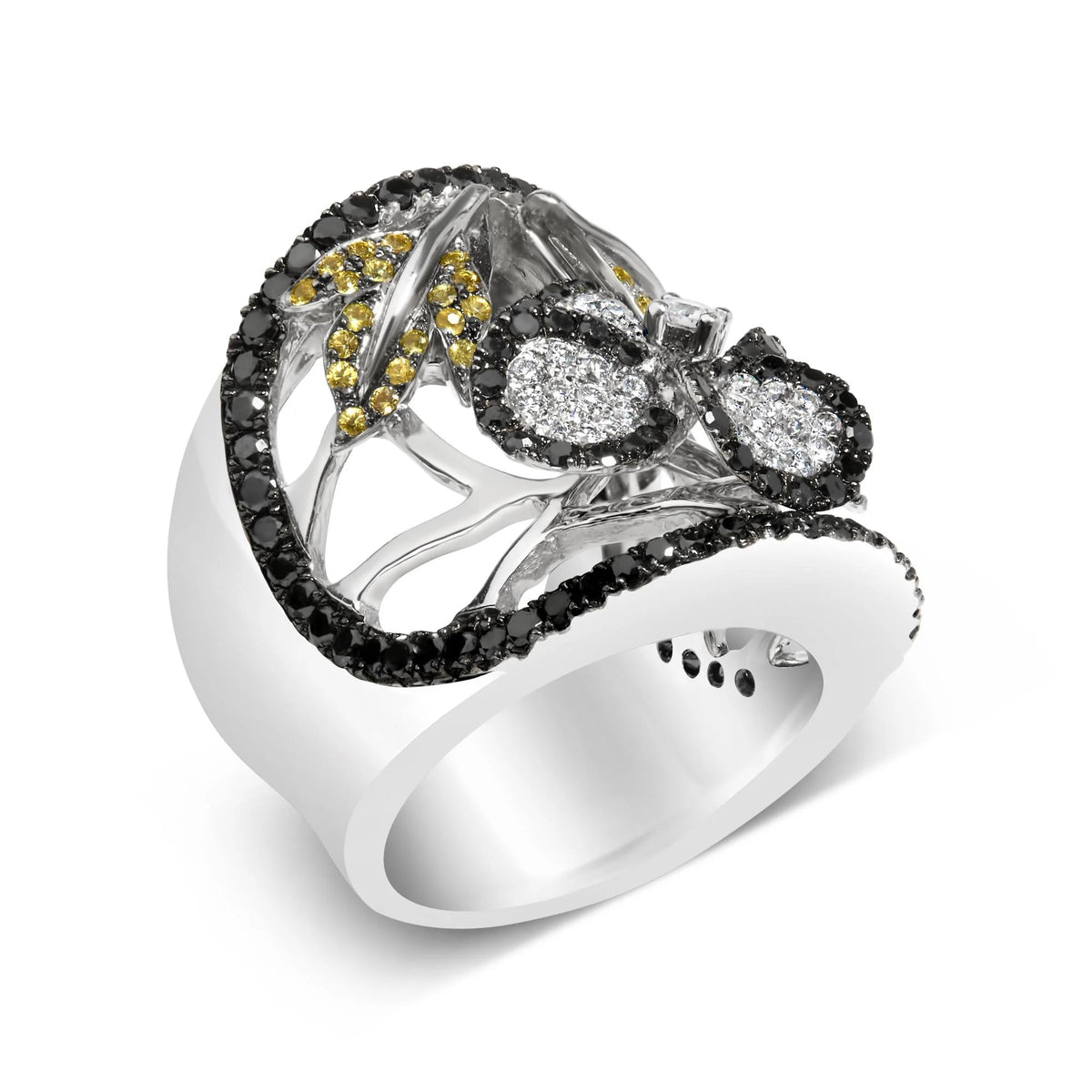 14K White Gold 2 3/5 Cttw Black and White Diamond and Yellow Sapphire Floral Cocktail Ring Band (H - I Color, SI1 - SI2 Clarity) - Ring Size 7 - LinkagejewelrydesignLinkagejewelrydesign