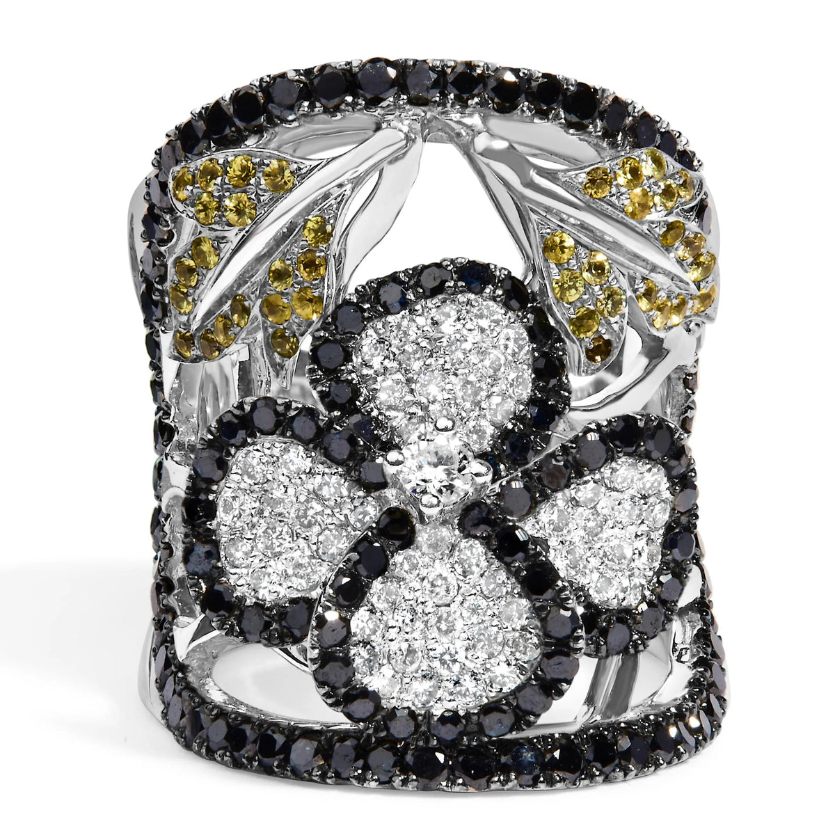 14K White Gold 2 3/5 Cttw Black and White Diamond and Yellow Sapphire Floral Cocktail Ring Band (H - I Color, SI1 - SI2 Clarity) - Ring Size 7 - LinkagejewelrydesignLinkagejewelrydesign