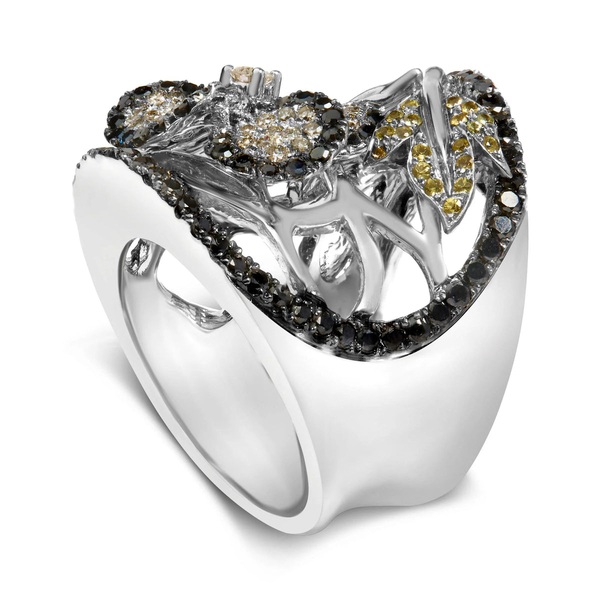 14K White Gold 2 3/5 Cttw Black and White Diamond and Yellow Sapphire Floral Cocktail Ring Band (H - I Color, SI1 - SI2 Clarity) - Ring Size 7 - LinkagejewelrydesignLinkagejewelrydesign