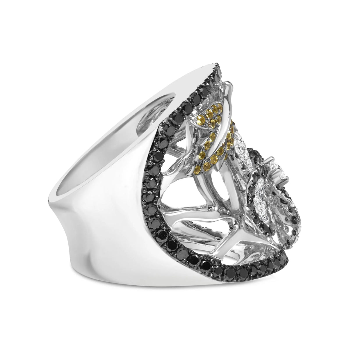 14K White Gold 2 3/5 Cttw Black and White Diamond and Yellow Sapphire Floral Cocktail Ring Band (H - I Color, SI1 - SI2 Clarity) - Ring Size 7 - LinkagejewelrydesignLinkagejewelrydesign