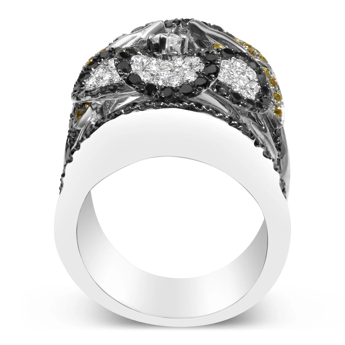 14K White Gold 2 3/5 Cttw Black and White Diamond and Yellow Sapphire Floral Cocktail Ring Band (H - I Color, SI1 - SI2 Clarity) - Ring Size 7 - LinkagejewelrydesignLinkagejewelrydesign