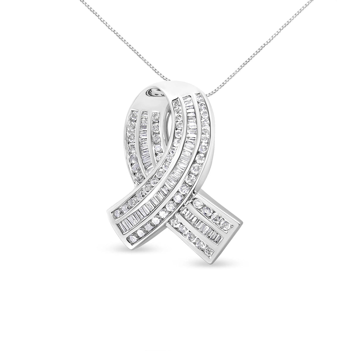 14K White Gold 2 5/8 Cttw Channel Set Round and Baguette Diamond Awareness Ribbon Pendant (H - I Color, I1 - I2 Clarity) - Chain Not Included - LinkagejewelrydesignLinkagejewelrydesign