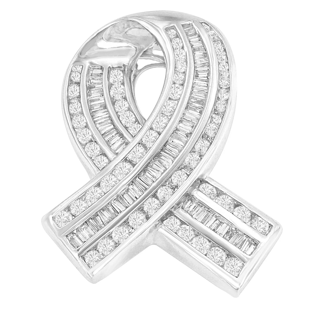 14K White Gold 2 5/8 Cttw Channel Set Round and Baguette Diamond Awareness Ribbon Pendant (H - I Color, I1 - I2 Clarity) - Chain Not Included - LinkagejewelrydesignLinkagejewelrydesign