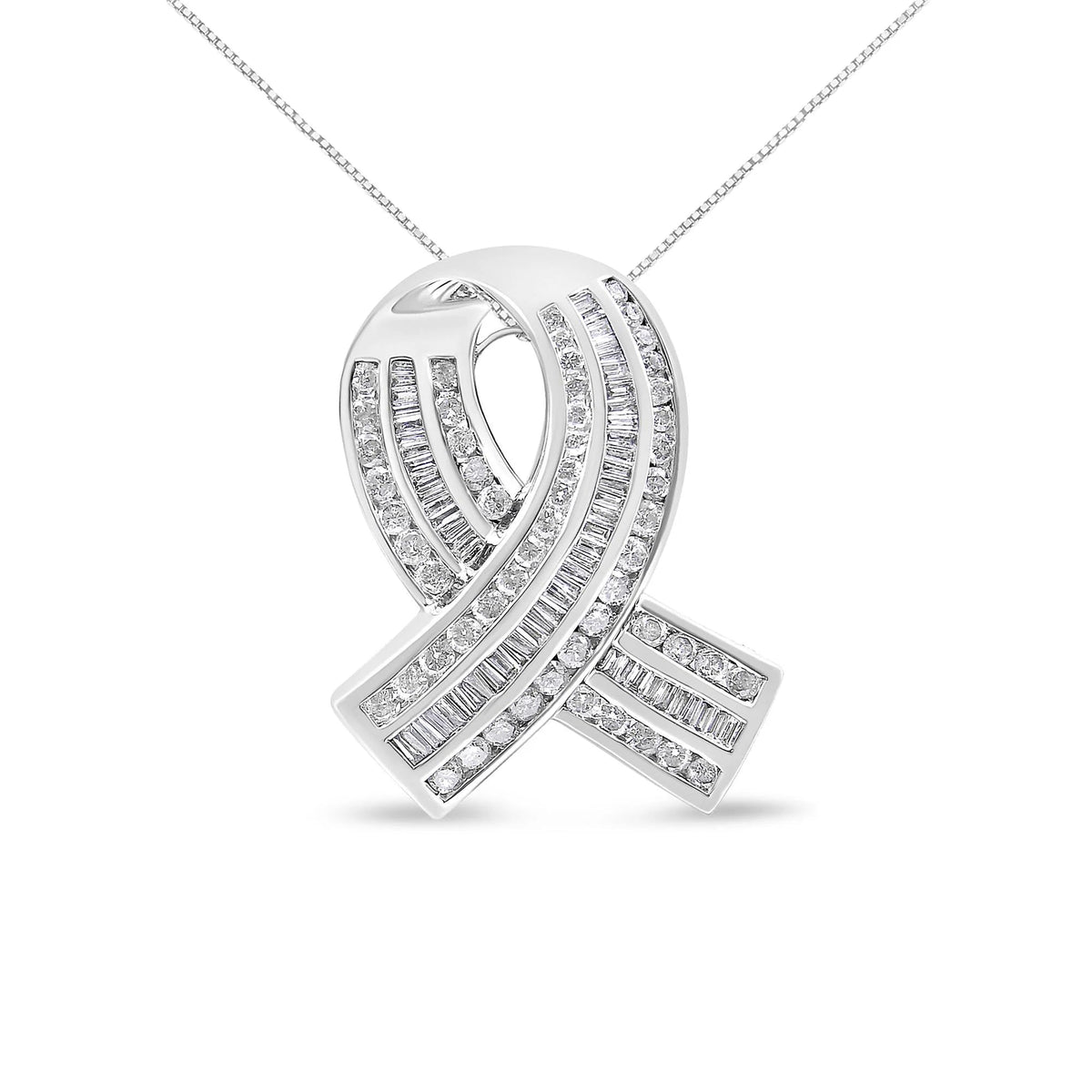 14K White Gold 2 5/8 Cttw Channel Set Round and Baguette Diamond Awareness Ribbon Pendant (H - I Color, I1 - I2 Clarity) - Chain Not Included - LinkagejewelrydesignLinkagejewelrydesign